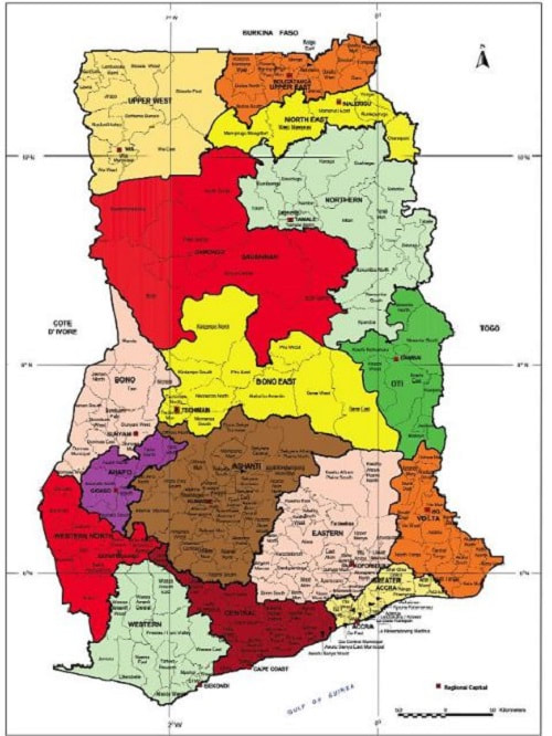 The six new regions were created out of the Volta, Brong Ahafo, Northern and Western regions.  The Oti Region was carved out of the Volta Region, with Dambai as the capital. Bono East and Ahafo were created out of the Brong Ahafo Region with Techiman and Goaso as the respective capitals, while the former Brong Ahafo Region now becomes the Bono Region with Sunyani as the capital.  North East Region and Savannah Region were carved out of the Northern Region with Nalerigu and Damango as the new capitals respectively. Western North with Sefwi Wiawso as its capital was also created out of the Western Region.  The 10 regional capitals before the creation of the new regions are still Sekondi (Western), Ho (Volta), Accra (Greater Accra), Koforidua (Eastern), Kumasi (Ashanti), Cape Coast (Central) , Sunyani (Bono), Tamale (Northern), Bolgatanga (Upper East) and Wa (Upper West).  Editor’s note: In 1953, the country had four regions, 